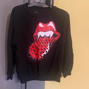 Black Graphic Sweatshirt with Red Tongue Print- Rolling Stones